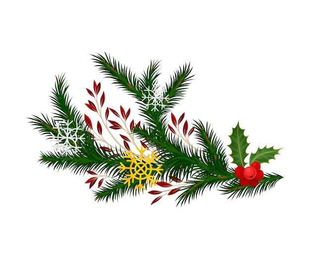 christmas tree branch with colorful decorative elements vector illustration traditional winter twig decorated with mistletoe and handmade snowflakes