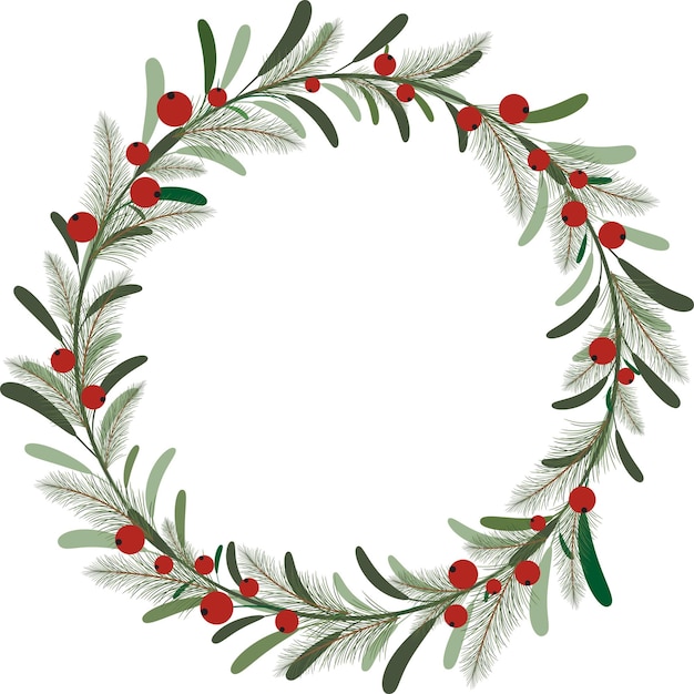 Christmas wreath with red berries on green leaf branches isolated on white background