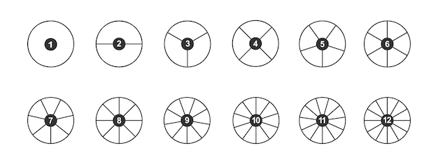 Circles divided in segments with numbers from 1 to 12 Outline round shapes cut in equal slices