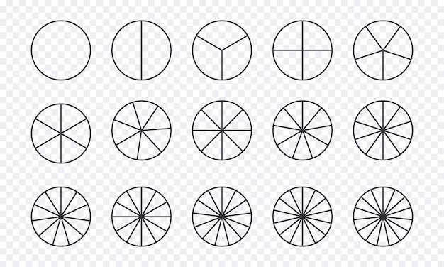 Circles divided into parts from 1 to 15 Outline round chart for infographic pie portion or pizza slice Wheel division into fractions circular shape sectors on transparent background