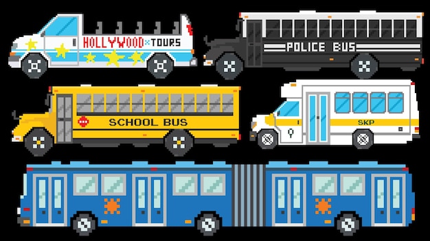 city buses set designed based on 8 bit size suitable for your game assets