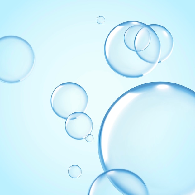 Clear bubbles design elements, transparent bubbles with glossy sphere in 3d illustration isolated on light blue background