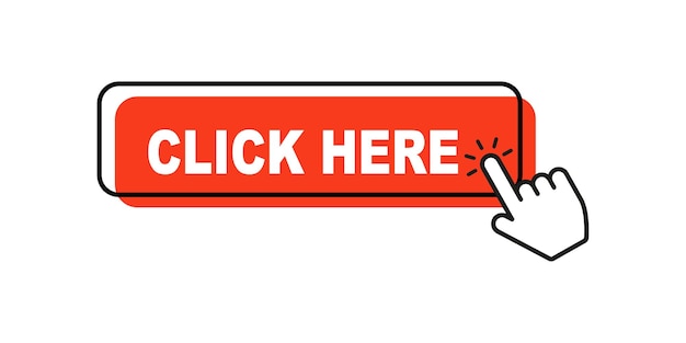 Click here button with hand pointer clicking Web button with action of hand pointer Click here UI button concept Vector illustration