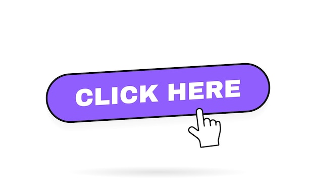 click here geometric button label with hand pointer clicking modern vector illustration