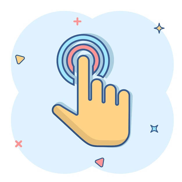 click mouse icon in comic style pointer vector cartoon illustration on white isolated background hand push button business concept splash effect