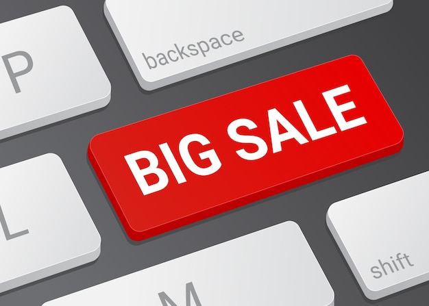 Closeup of the big sale button on a realistic white modern keyboard illustration of a laptop