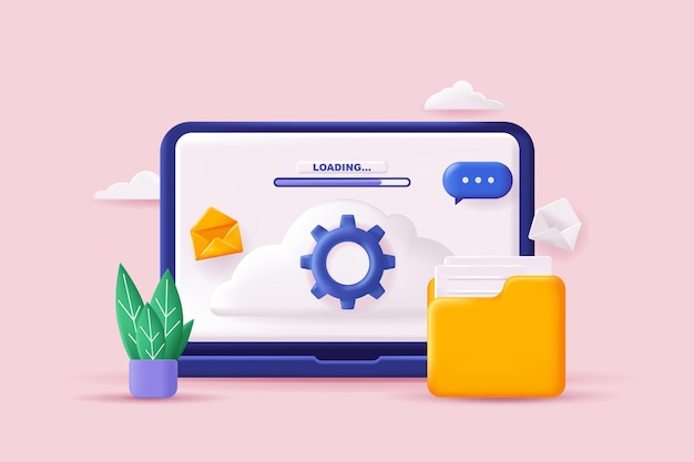 Cloud computing concept 3D illustration Icon composition with loading digital files site interface and folder Backups in cloud storage and computing data Vector illustration for modern web design