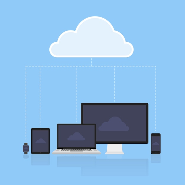 cloud computing concept. various devices like smartphone, tablet computer, pc, laptop are connected to cloud.