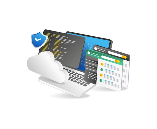 Cloud computing security concept with laptop tablet pc smartphone and shield