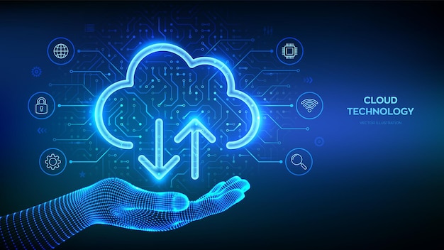 Cloud computing service Secure Cloud Storage Database storage Data center Cloud icon in wireframe hand Upload download app Circuit board pattern PCB printed circuit texture Vector illustration