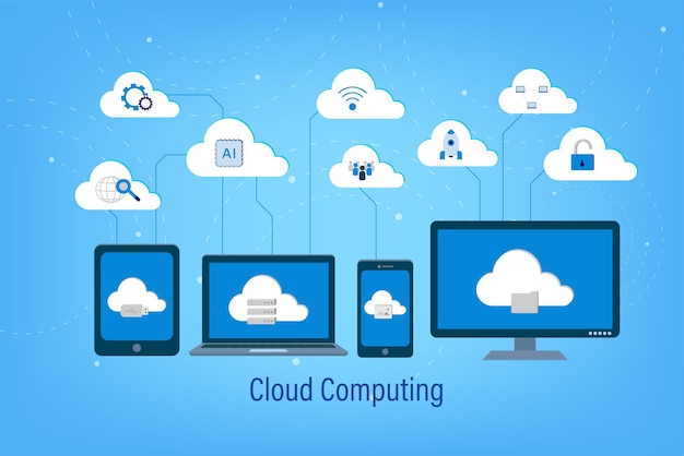 Cloud computing technology with icons and devices on blue background vector illustration