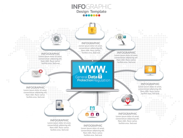 cloud infographics set with data processing networking elements.