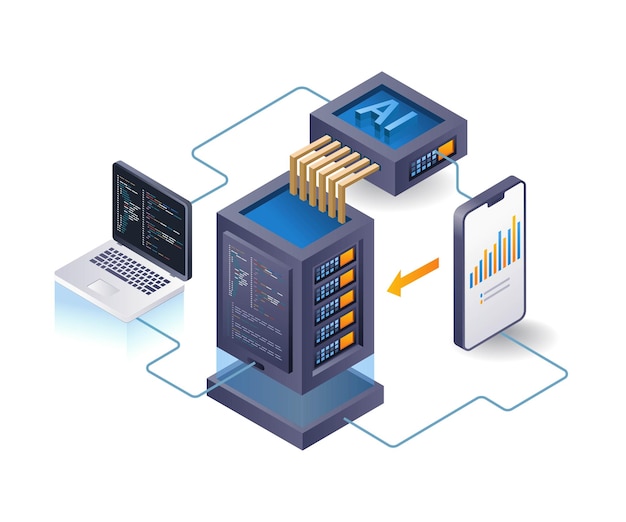Cloud server artificial intelligence programmer analyst flat isometric 3d illustration