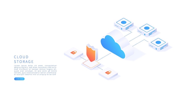 Cloud storage concept in isometric vector illustration Digital service or app with data transfering Digital server database and cloud computing service Vector illustration