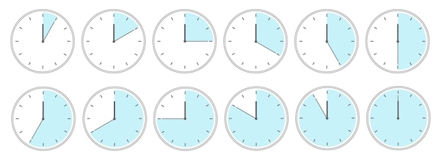 Cock faces with various time interval thin black line icons set symbols of round dials