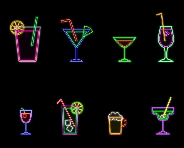 Cocktail neon emblem set drinks icons Vector illustration