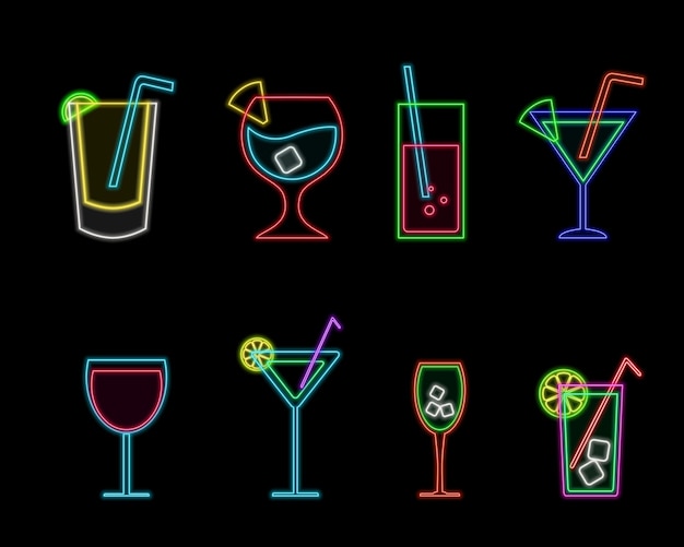 Cocktails neon icon set Cocktails collection neon signs Glossy signboards night banner badges design