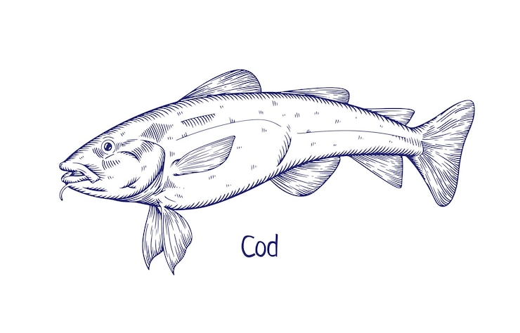 Vektor cod vintage engraved drawing detailed black and white retro sea marine fish outlined contoured water animal pacific ocean gadus macrocephalus side view handdrawn vector illustration isolated