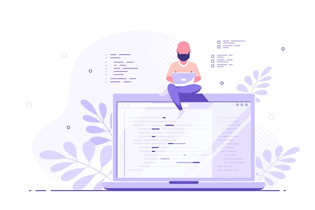 coding, programming, application development concept. caucasian man programmer sitting on the big laptop and working. flat style banner design