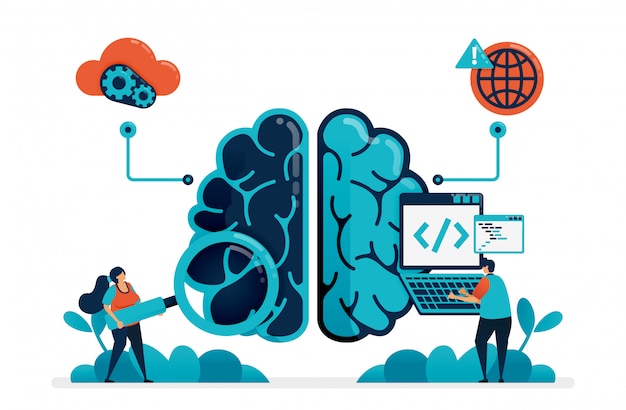 coding to create artificial intelligence program. looking for bug in artificial brain robot. smart technology on artificial intelligence. internet of things.
