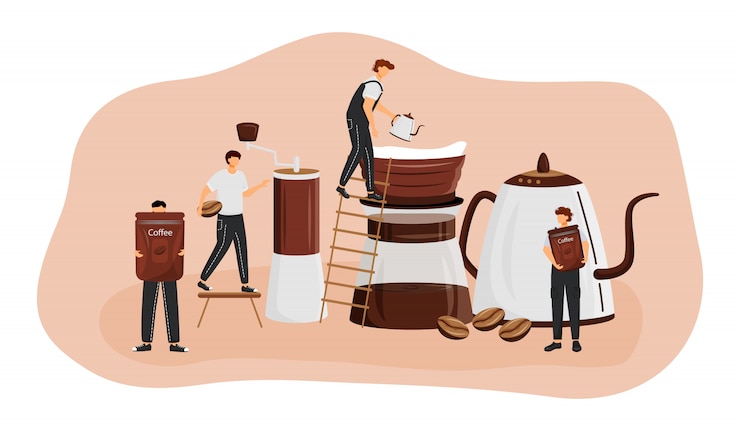 Coffee brewing methods  concept  illustration. Man making espresso. Americano preparation process. Serving fresh drink. Barista  cartoon characters for web . Coffeeshop creative idea
