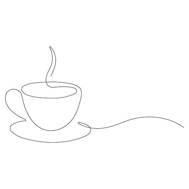 Coffee cup continuous one line art drawing of breakfast steam morning coffee design outline vector