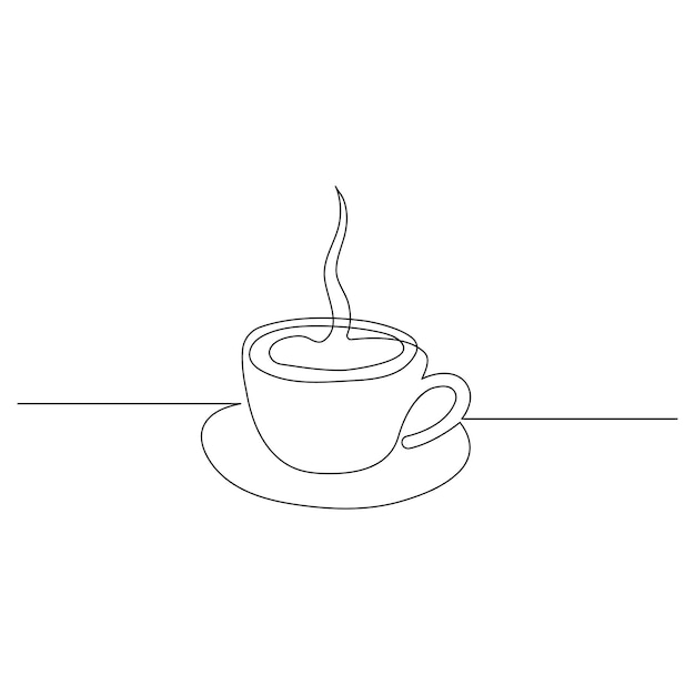 Coffee cup continuous one line art drawing of breakfast steam morning coffee design outline vector
