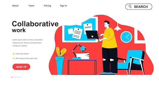 collaborative work concept for landing page template employee works with colleagues contacting online by laptop teamwork people scene vector illustration with flat character design for web banner