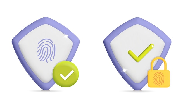 Collection 3d vector biometric security systems with lock and security shield with fingerprint