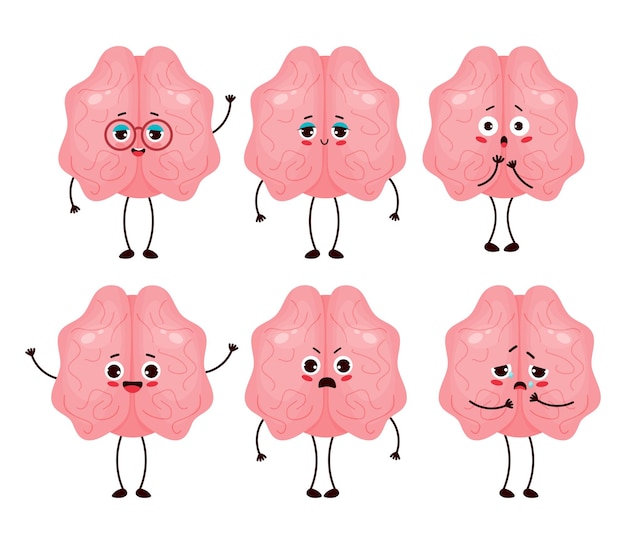 Collection cartoon character brain Human organ central nervous system with different emotions