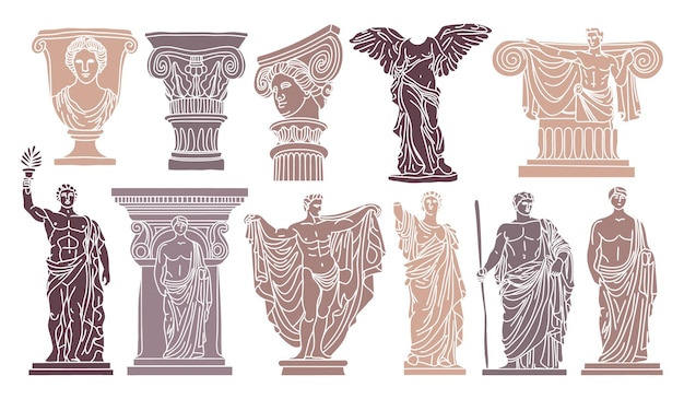 Collection of Ancient Greek and Roman Statues and Architectural Elements