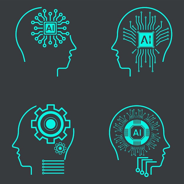 Collection of Artificial intelligence icon set in line style machine learning smart robotic head