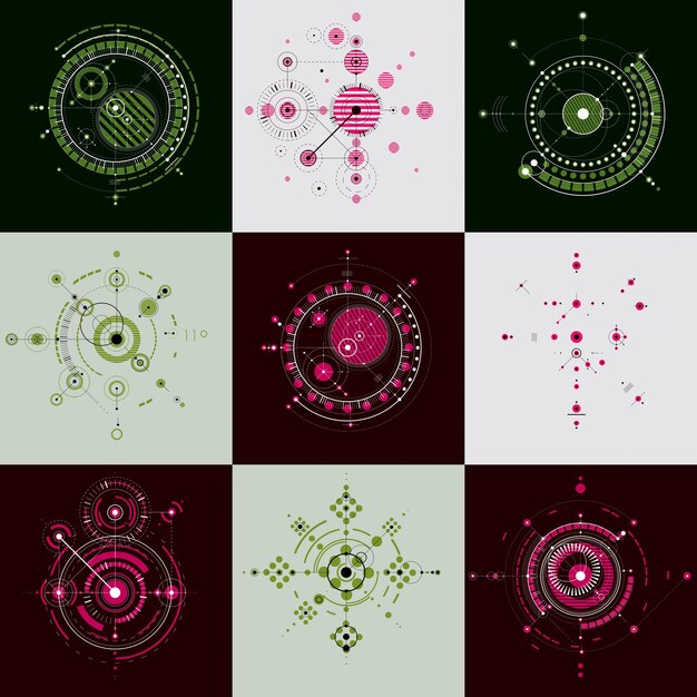 collection of bauhaus retro wallpapers, art vector background made using lines and circles. geometric graphic 1960s illustration can be used as booklet cover design. technological pattern.