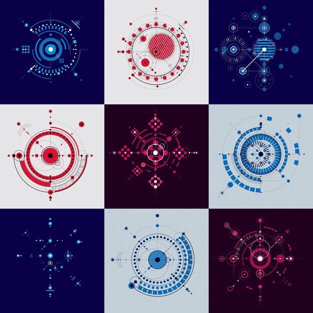 collection of bauhaus retro wallpapers, art vector background made using lines and circles. geometric graphic 1960s illustration can be used as booklet cover design. technological pattern.