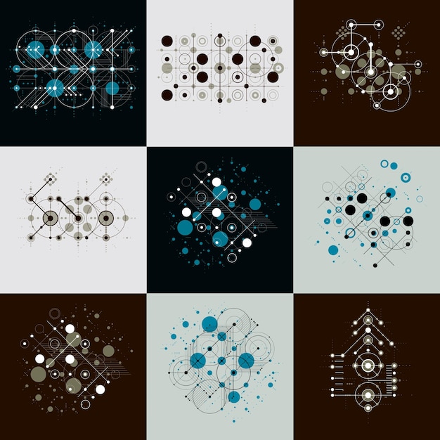 collection of bauhaus retro wallpapers, art vector backgrounds made using grid and circles. geometric graphic 1960s illustrations can be used as booklets cover design.