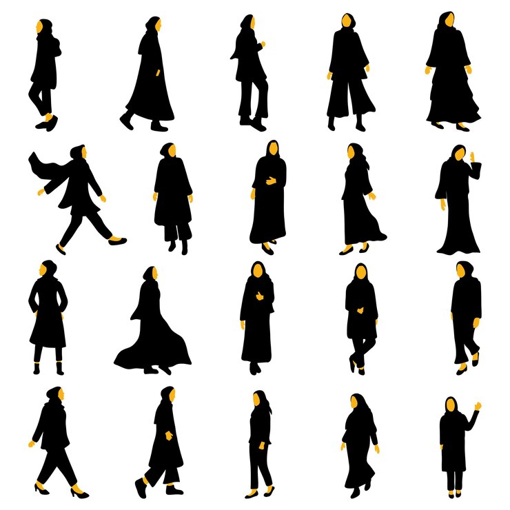 Collection of black illustrations of beautiful women wearing hijabs