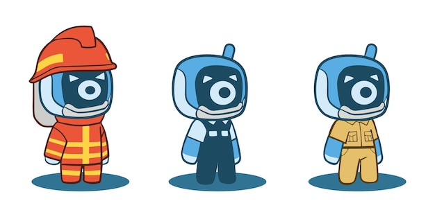 Collection of blue robot characters in professional clothes