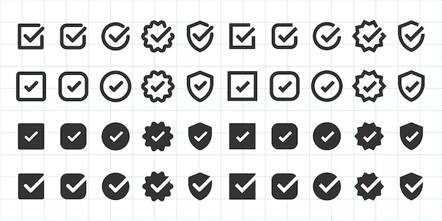 Collection of checkmark icons in various styles checkboxes shields and badges Black checkmarks on a grid Checkmark icons for design and UI projects Vector element set