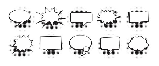 Collection of empty comic speech bubbles with halftone shadows Hand drawn retro cartoon stickers