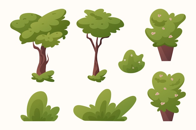 Collection of isolated cartoon vector trees and bushes summer green plants