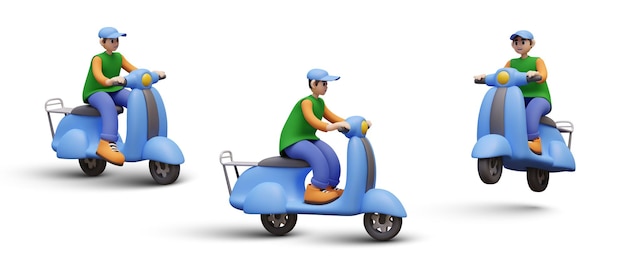 Collection of realistic man riding blue scooter on white background