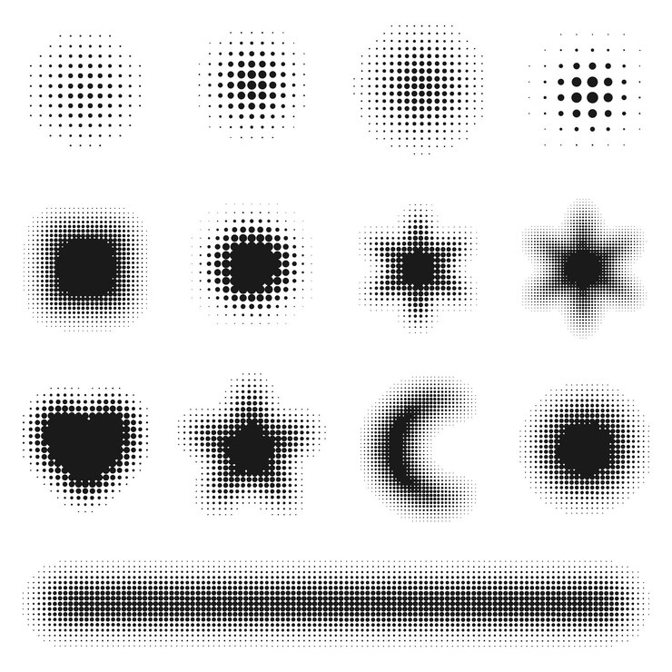 Collection of various vector halftone shapes gradient dots design Isolated black dots
