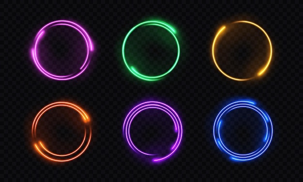collection of vector neon circle frames on a dark background with a transparent glow effect