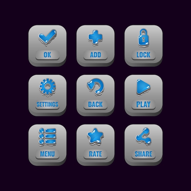 Collection set of square stone buttons with jelly icons for game ui asset elements