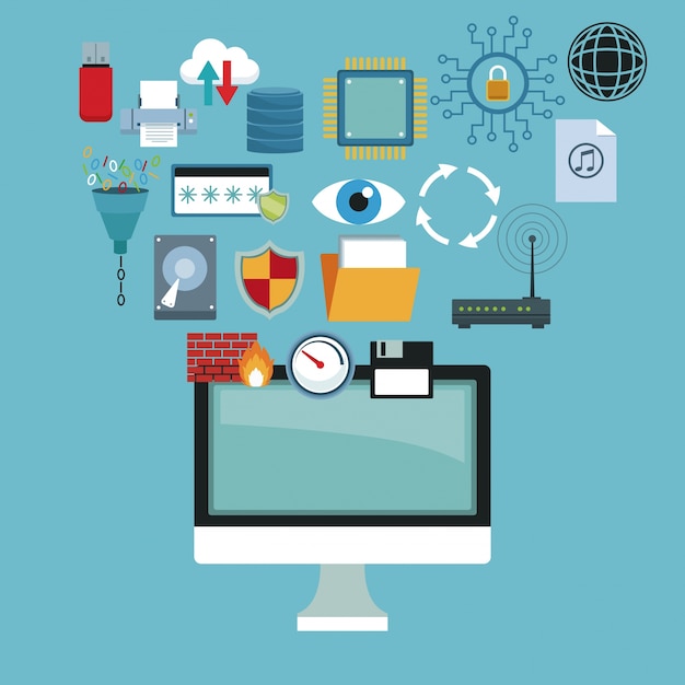 color background with computer display and set collection technology elements 