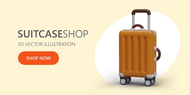 Color horizontal banner with 3D trolley case Sale of suitcases for convenient luggage transportation Advertising poster Realistic illustration in cartoon style place for text