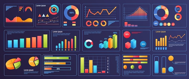 colorful data visualization charts and graphs on dark background vector illustration