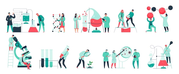 colorful icons set with biochemical science laboratory staff performing various experiments flat isolated vector illustration
