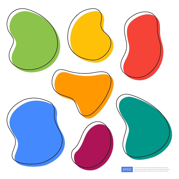 Colorful Organic irregular blob fluid liquid shape with line set Hand drawn geometric forms in vibrant colors Perfect for backgrounds posters and web graphics Vector elements isolated on white