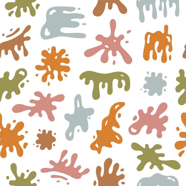 colorful seamless pattern with hand drawn splashes and stains of various shapes on white background